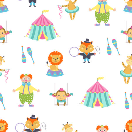 vector circus seamless pattern, repeat background with street show animals, tent, artists, amusement holiday wallpaper, texture with lion, clown, monkey gymnast, tent, fox and giraffeのイラスト素材