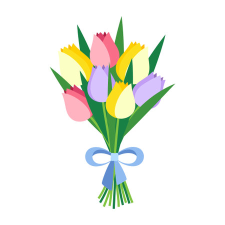 beautiful bouquet of multicolored tulips isolated on white background, flat design, spring flowers with long green leaves decorated blue bowのイラスト素材