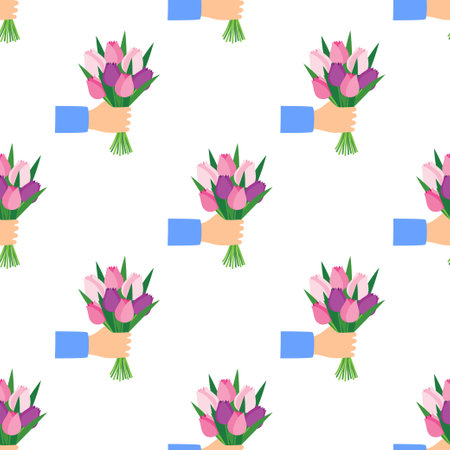 seamless pattern of hand man with bouquet of flowers, vector flat illustration for valentines day, birthday, mothers day or any holidaysのイラスト素材