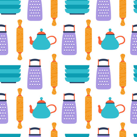 cute kitchen seamless pattern, flat vector illustration of kitchen toolsのイラスト素材