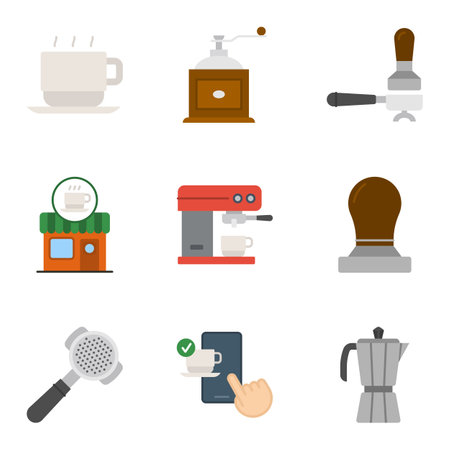 coffee icons vector set, icon collection with colors style, cup, coffee pot, grinder, filter, coffee machine, cafe and online orderのイラスト素材