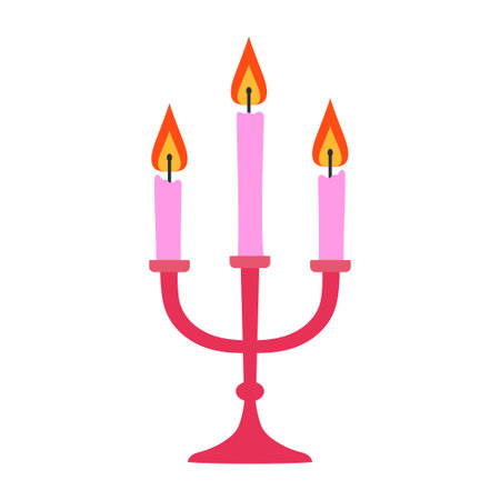 vector drawing of triple candlestick with burning candles, candlesticks for interior decoration, halloween elements in flat style isolated on white backgroundのイラスト素材