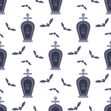 halloween seamless pattern of headstone with cross and bats, holidays background and textureのイラスト素材