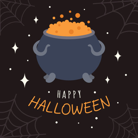black witch's cauldron with orange poison isolated on dark background with spider webのイラスト素材