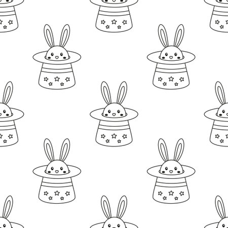 rabbit ears in magic hat on white background, circus seamless pattern with bunny in hat, outline flat vector illustrationのイラスト素材