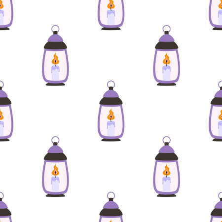 cozy seamless pattern of lanterns with candle, vector winter background for textile, wrapping paper, flat styleのイラスト素材
