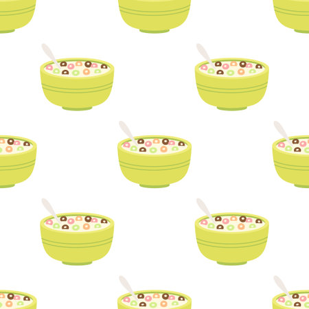 seamless pattern with colorful cereal rings in bowl with milk, flat vector illustration, breakfast cereal backgroundのイラスト素材