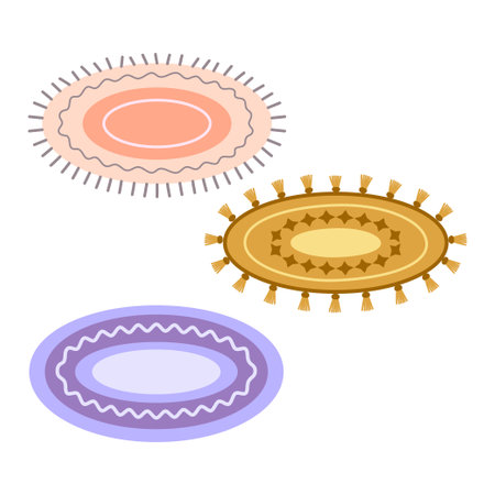 set of carpets in scandinavian style, different design and colors, floor covering, interior decor, rugs with fringed edges, cozy home decoration isolated on white background, flat vector illustrationのイラスト素材