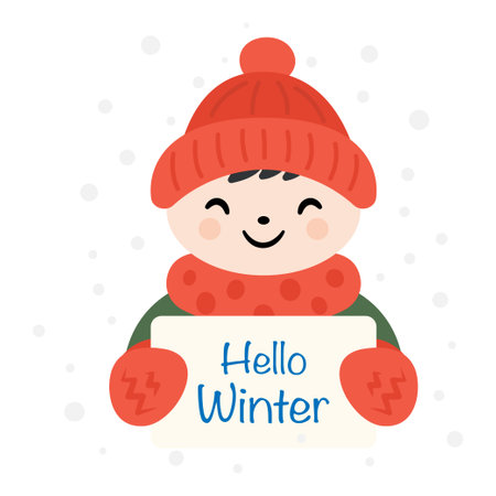 Hello winter. Cute boy in winter clothes. Vector illustrationのイラスト素材
