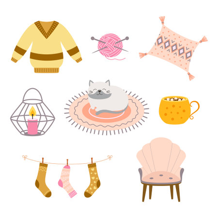 cozy elements set with sweater, lantern with candle, cat on rug, socks and armchair, vector scandinavian illustration, hygge comfortable lifestyle, winter and autumn moodのイラスト素材