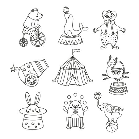 outline circus cartoon set with animals performing tricks and others elements, flat vector illustration with funny elephant, seal, bears, rabbit, llama and clownのイラスト素材