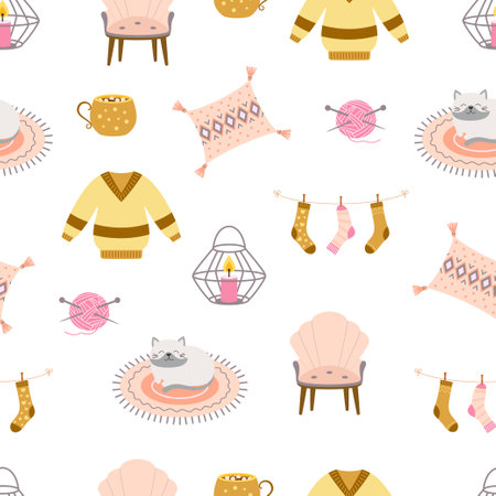 seamless hygge vector pattern with cozy elements like armchair, sweater, lantern with candle, cat on rug and socks, perfect for textiles, wallpapers and autumn or winter designsのイラスト素材