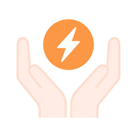 Two hands cradling an orange circle containing a white lightning bolt, symbolizing the safe and secure handling of energy. Vector illustration.のイラスト素材