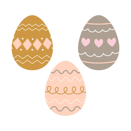 happy easter set, easter eggs with different textures isolated on white background, spring holiday, vector illustration, flat designのイラスト素材