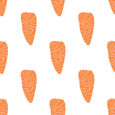 slices of raw salmon seamless pattern on white background, vector illustration, cute cartoon foodのイラスト素材