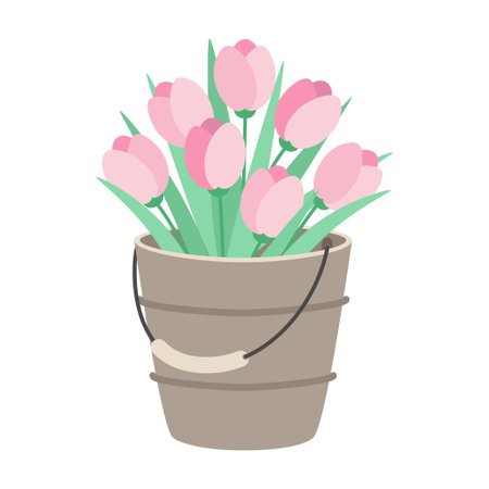 pink tulips with green leaves in bucket, cute spring bouquet, flat vector design of greeting card, invitation, poster, wedding decoration and other celebrations, easter elementのイラスト素材