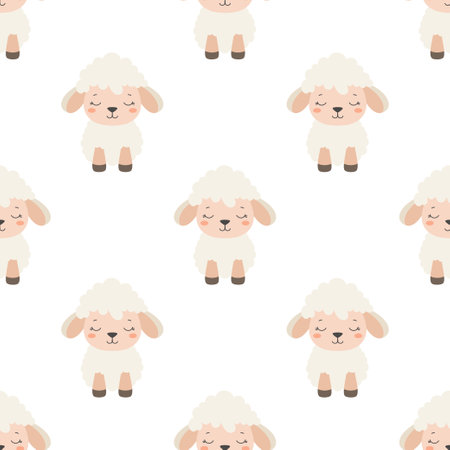 seamless pattern for kids with little sheep on white background, flat easter vector illustrationのイラスト素材
