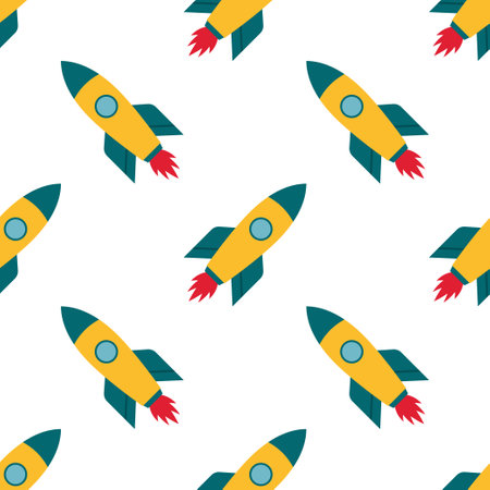 Seamless pattern of simple rockets, representing speed, innovation and the exciting journey into space. Vector illustrationのイラスト素材