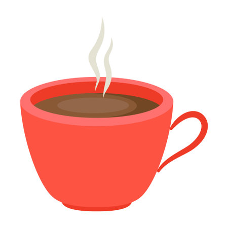 coffee cup with steam, flat design, cartoon vector illustration with red mug of hot drinkのイラスト素材