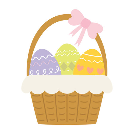 basket with colorful easter eggs on white backgroundのイラスト素材