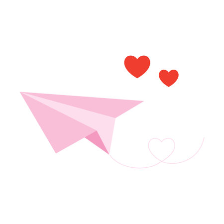 paper plane with heart path, flying airplane with air route as heart shape, romantic message for valentine day, greeting card in flat styleのイラスト素材