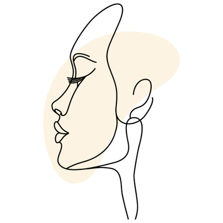 Minimalist one line drawing of a woman's face profile with a beige shape. Vector illustration.のイラスト素材