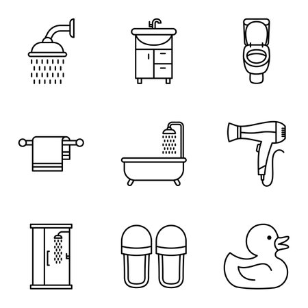 Simple black outline icons representing a complete bathroom equipment collection. Vector illustrationのイラスト素材