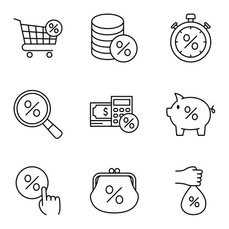 Line icon collection illustrating finance, discounts, and savings. Vector illustrationのイラスト素材
