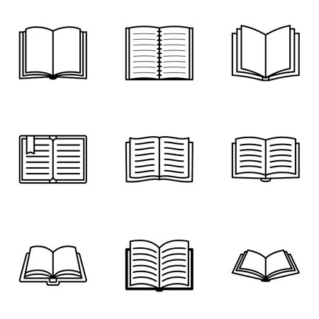 Set of open book and notebook icons in outline style for education and reading purposes. Flat vector illustrationのイラスト素材
