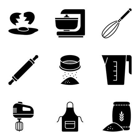 Essential Baking Kitchen Utensils and Ingredients Silhouette Icons Set. Vector illustrationのイラスト素材