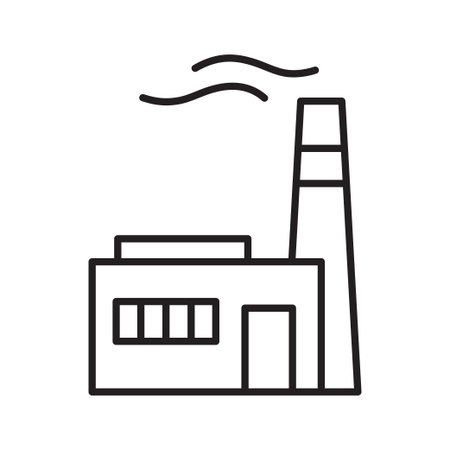 Factory building with chimney, outline icon. Air pollution and manufacturing concept. Vector illustration.のイラスト素材