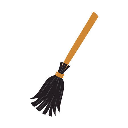 witch broom isolated on white, halloween festive element, cartoon vector illustration in flat styleのイラスト素材