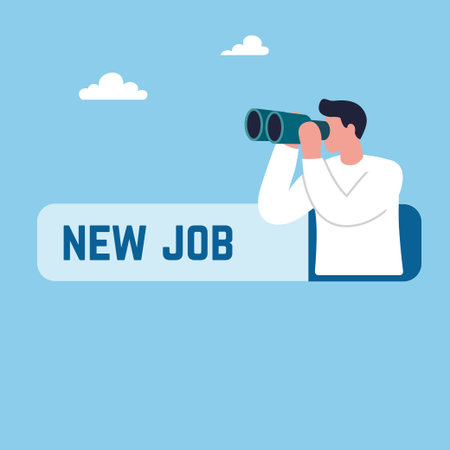 Man Searching for New Job with Binoculars. Job Search and Recruitment Concept. Vector Illustrationのイラスト素材