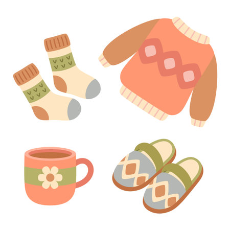 set of knitted clothes and mug, cozy winter elements, vector illustration in flat styleのイラスト素材