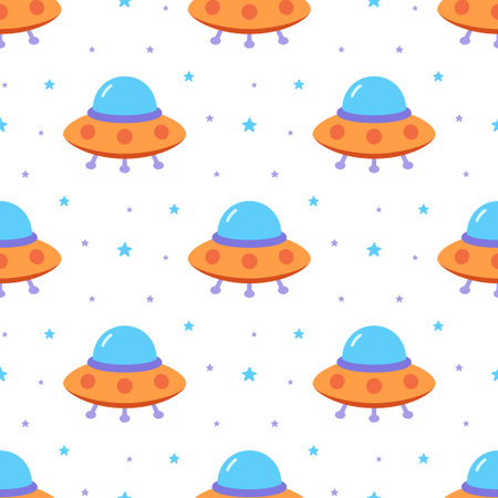 childish  pattern with flying saucer and stars, vector background and texture of theme of space, flat designのイラスト素材