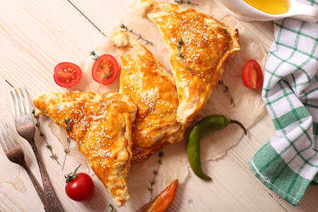 Fragrant tasty freshly prepared puffs top view. Homemade cakes, recipes and cooking. Vegetarian foodの写真素材