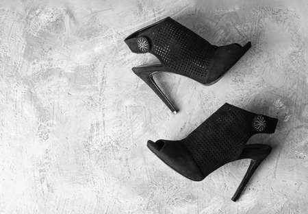 evening female shoes on a background with a place for text, top view. Preparing for the party. holiday shoppingの写真素材