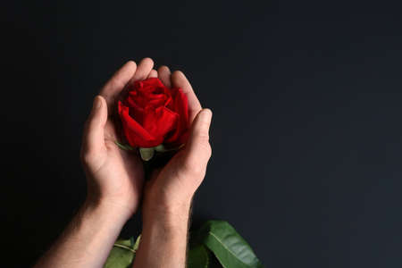 Man with a flower on a black background. Surprise from a beloved. St. Valentine gift in the form of...