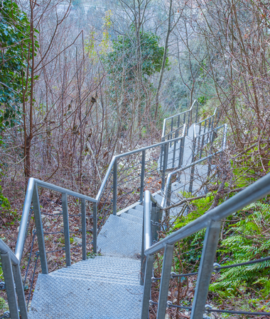 Lovely view of the iron ladder in a wooded part of the mountain in autumn.