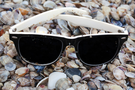 Sunglasses on seashells on the seashore close-up.の写真素材