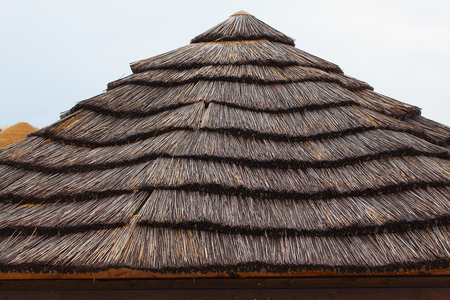 Thatched roof of a beach house close-up.の写真素材