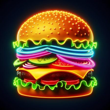 Hamburger with neon light on dark background. 3d renderingの写真素材