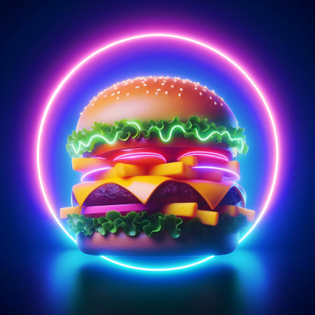 Hamburger in neon light. Realistic 3d rendering.の写真素材