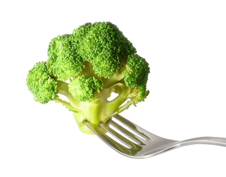 Fresh raw broccoli with fork isolated on white backgroundの写真素材