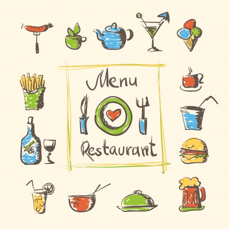 cafe menu food and drinks hand drawn iconsのイラスト素材