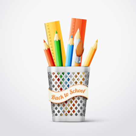 Shiny metal backet with school tools. eps10 vector illustrationのイラスト素材