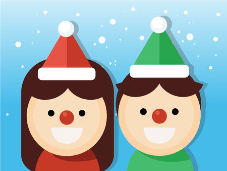 Christmas cute boy and girl. Christmas costumes party on snowfall backgroundのイラスト素材
