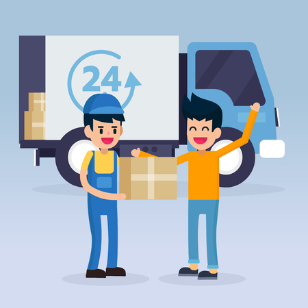 Fast delivery service man worker and van car, sent order box form shopping online to happy young man. Vector illustrationのイラスト素材