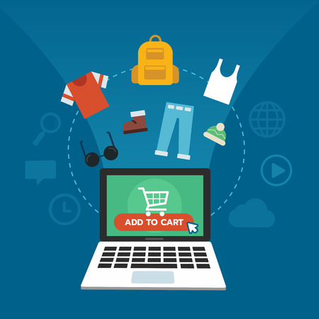An illustration of an online shopping on a laptop with shirt, plans, shoe, glasses, hat, bag on digital technology icon backdrop.のイラスト素材