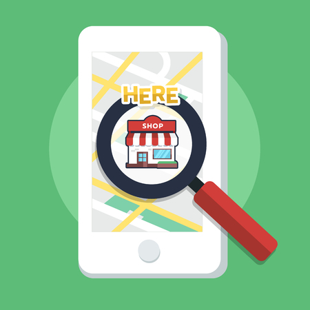 Searching directions store from map with magnifier icon from application on mobile screen. Online platform. Flat vector illustratorのイラスト素材